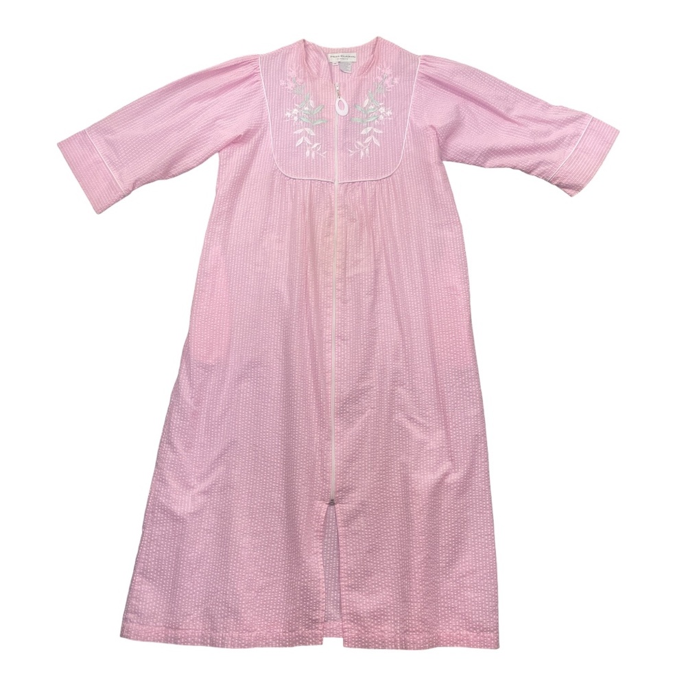 Miss Elaine Medium Full Zip 3/4 Sleeve Pink White Duster Robe Cotton Blend